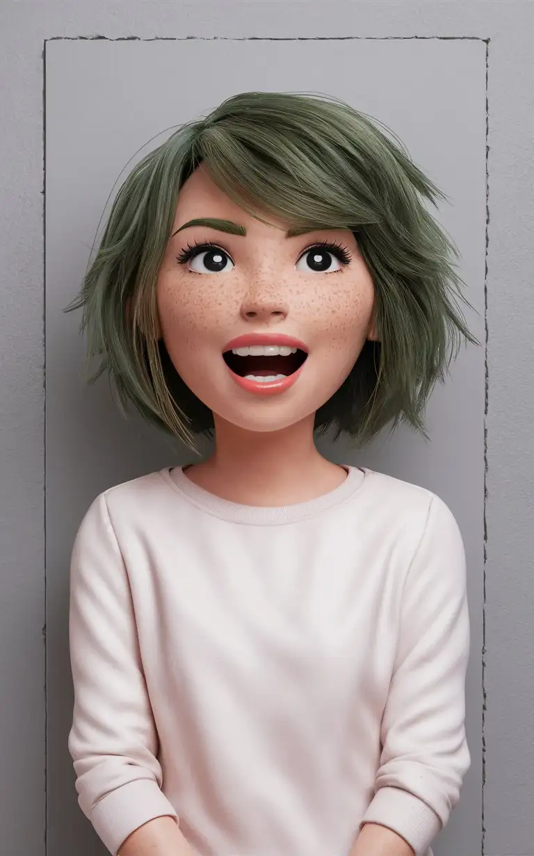 Clay model, clay material:1.5),(Clay texture, clay texture texture:1.4),(in the style of clay animation, stop motion animation:1.4),solo, realistic, emma stone, simple background, looking up, green hair, freckles, sweater, upper body, grey background, short hair, white sweater, teeth, black eyes, open mouth, shirt, white shirt, parted lips, messy hair, long sleeves, Clay style