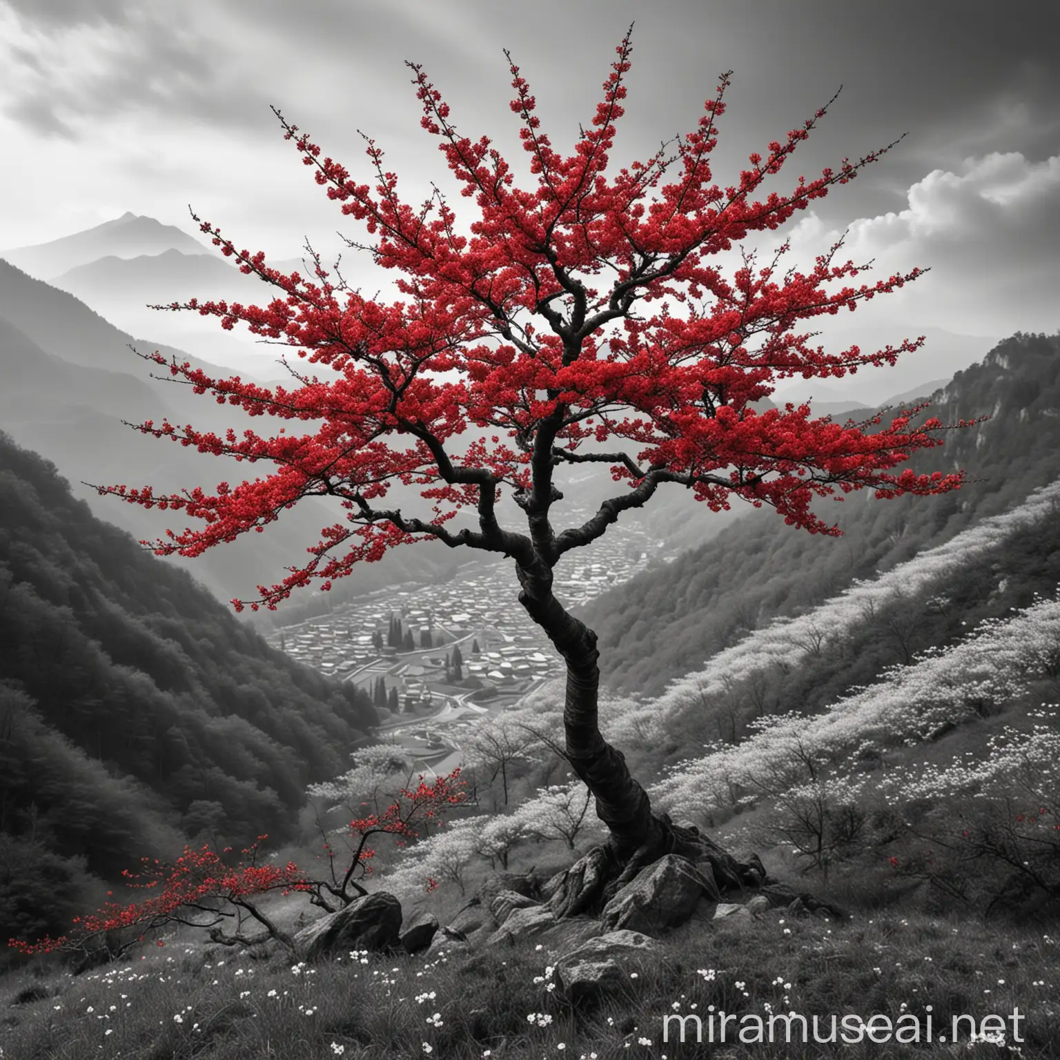 a red charry blossom tree in a greyscale mountain valley
