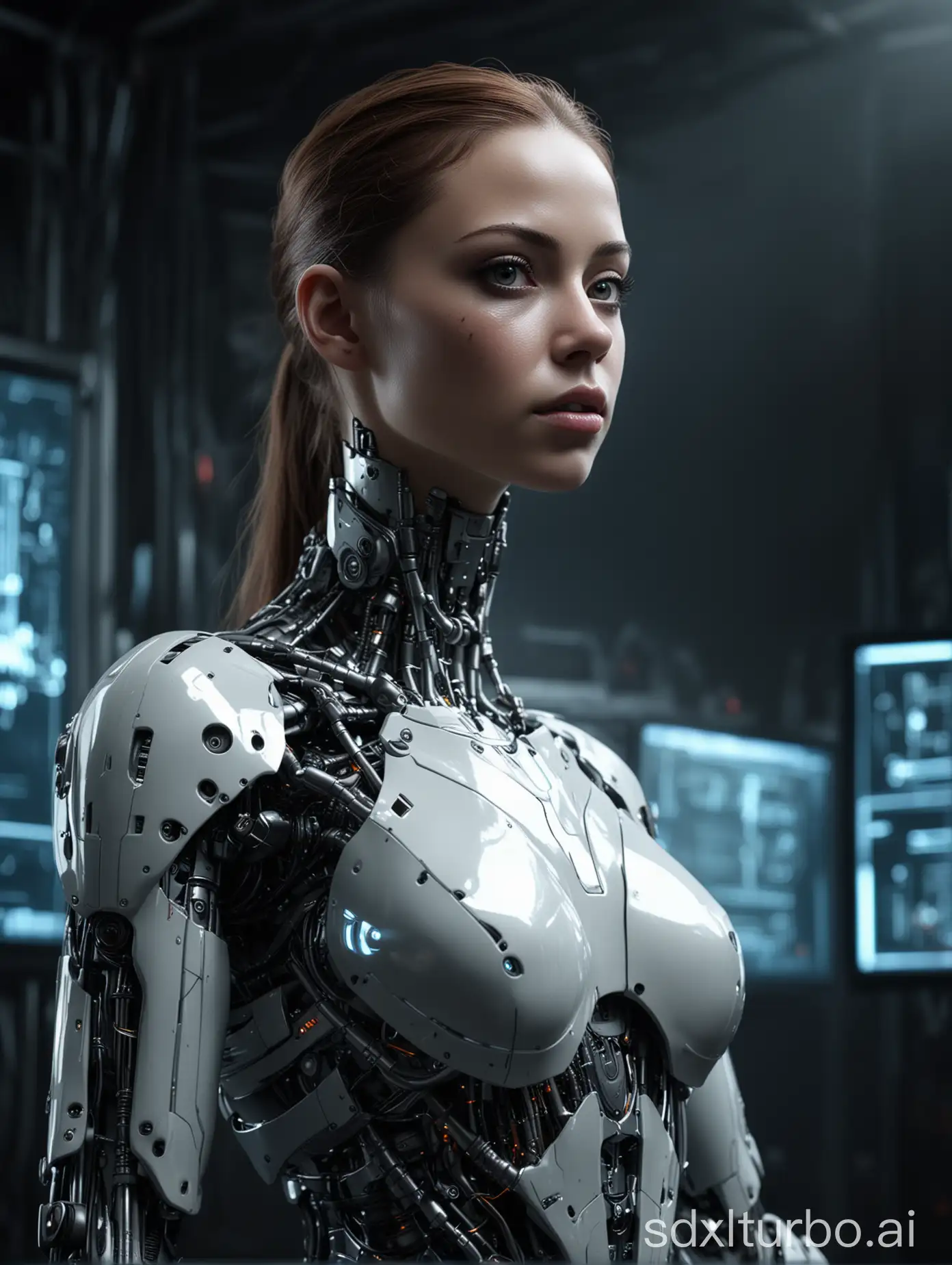 a graceful, translucent female cyborg from the future, who is standing in the dark, with a dark futuristic computer in the background, dystopian, futuristic, very detailed, hyper-realistic, ultra-high definition