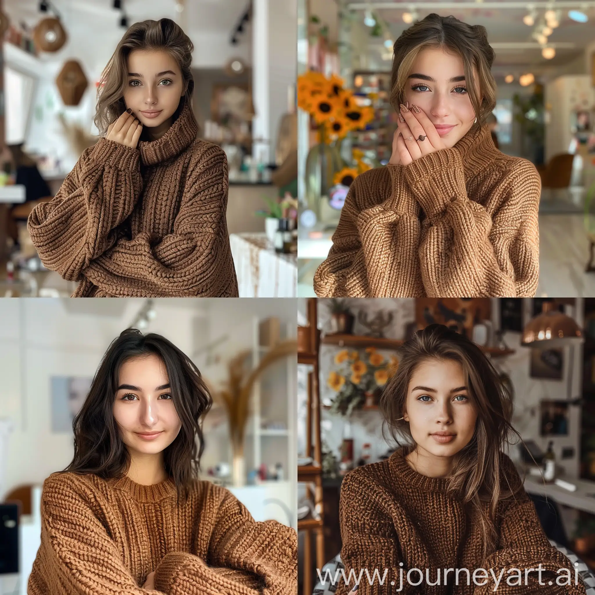 A 20-year-old girl, in a manicure studio, in a brown knitted sweater