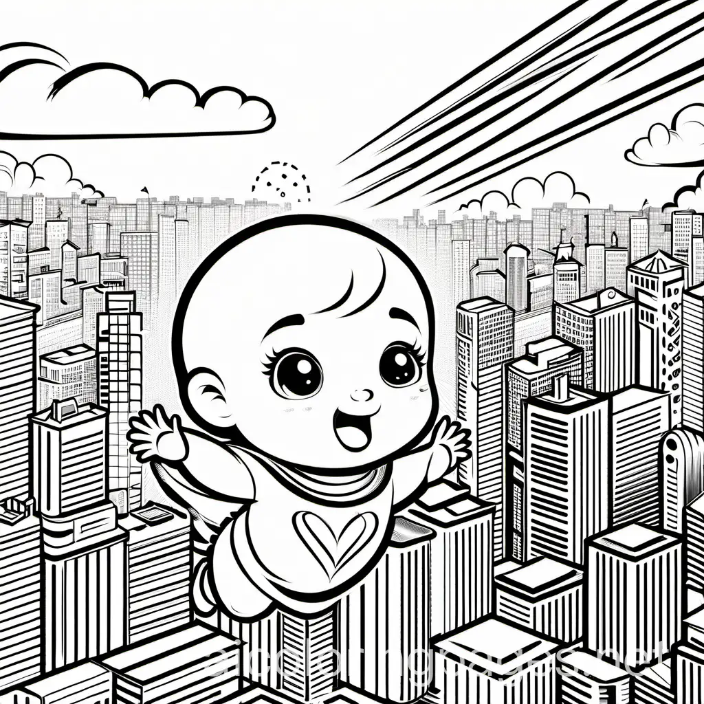a crying baby soaring above the city, Coloring Page, black and white, line art, white background, Simplicity, Ample White Space. The background of the coloring page is plain white to make it easy for young children to color within the lines. The outlines of all the subjects are easy to distinguish, making it simple for kids to color without too much difficulty