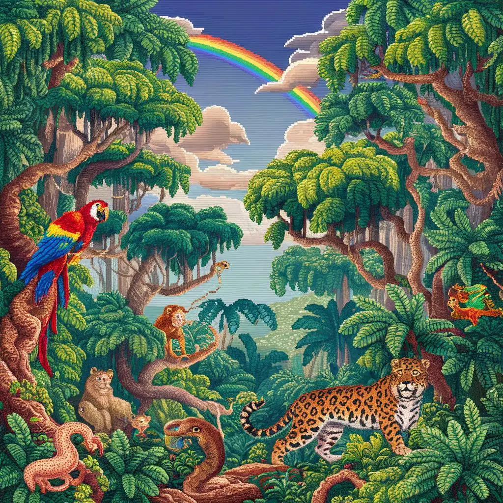 A detailed pixel art illustration of a lush rainforest filled with exotic creatures.