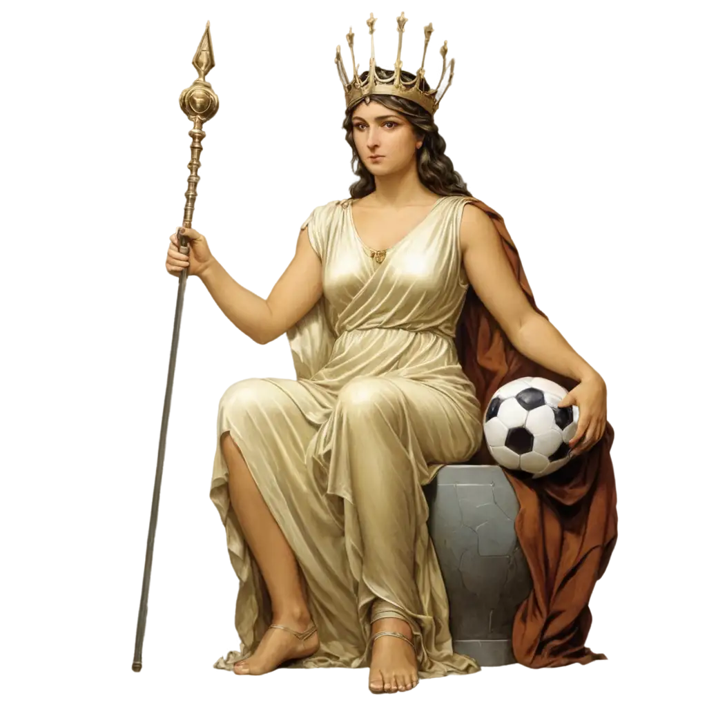 Dibujo de diosa griega Atenea sentada en su trono sosteniendo un balón de fútbol en su mano izquierda y en la mano derecha sosteniendo un bastón.