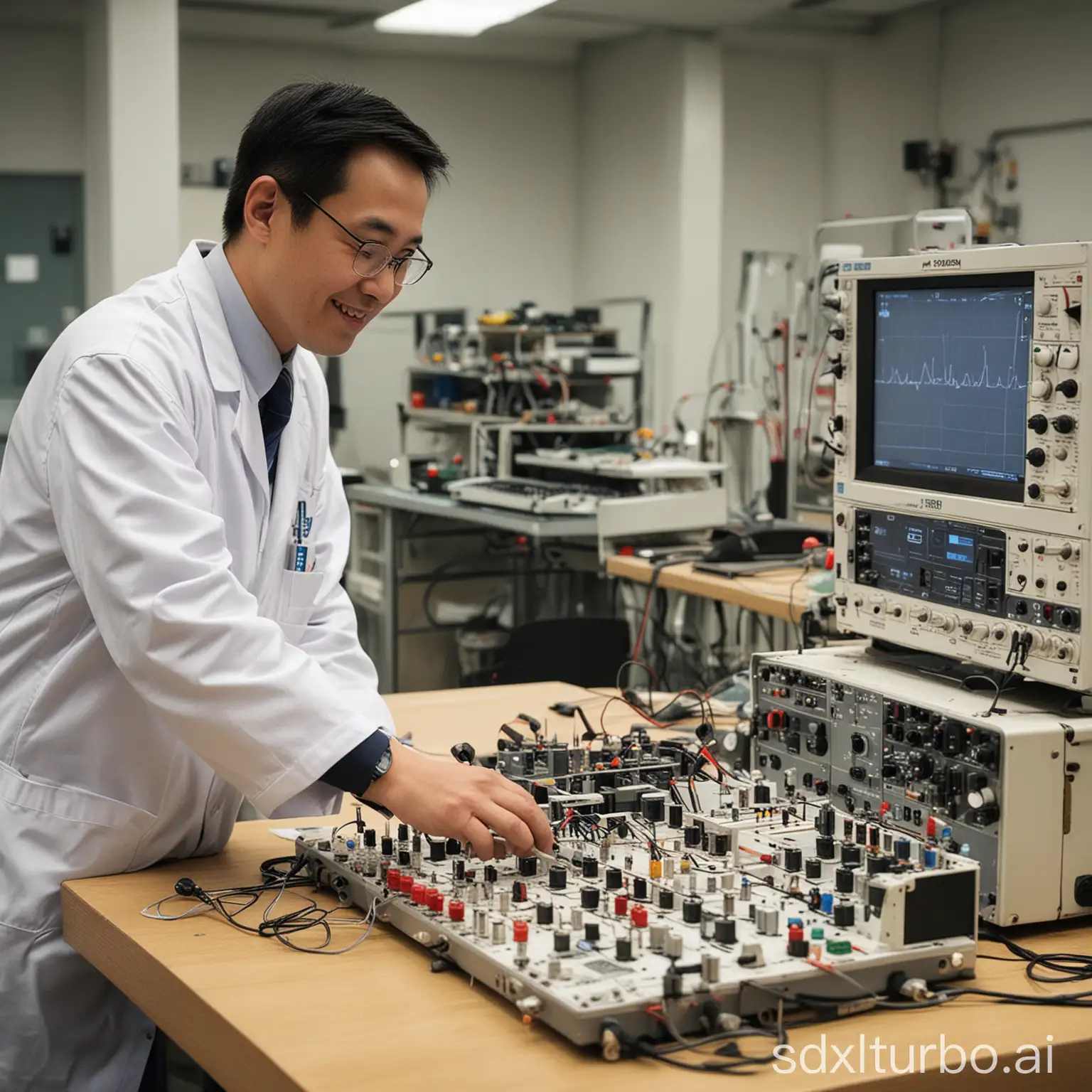 Location: A high-tech laboratory, with oscilloscopes, power modules, blueprints, and various instruments and tools on the table. Event: A Chinese engineer is demonstrating the working principle of zero voltage switching (ZVS). Person: The engineer is a middle-aged man wearing a white lab coat, glasses, focused and confident. Description: Panoramic display Entire laboratory perspective, engineer standing at the front of the workbench, smiling.