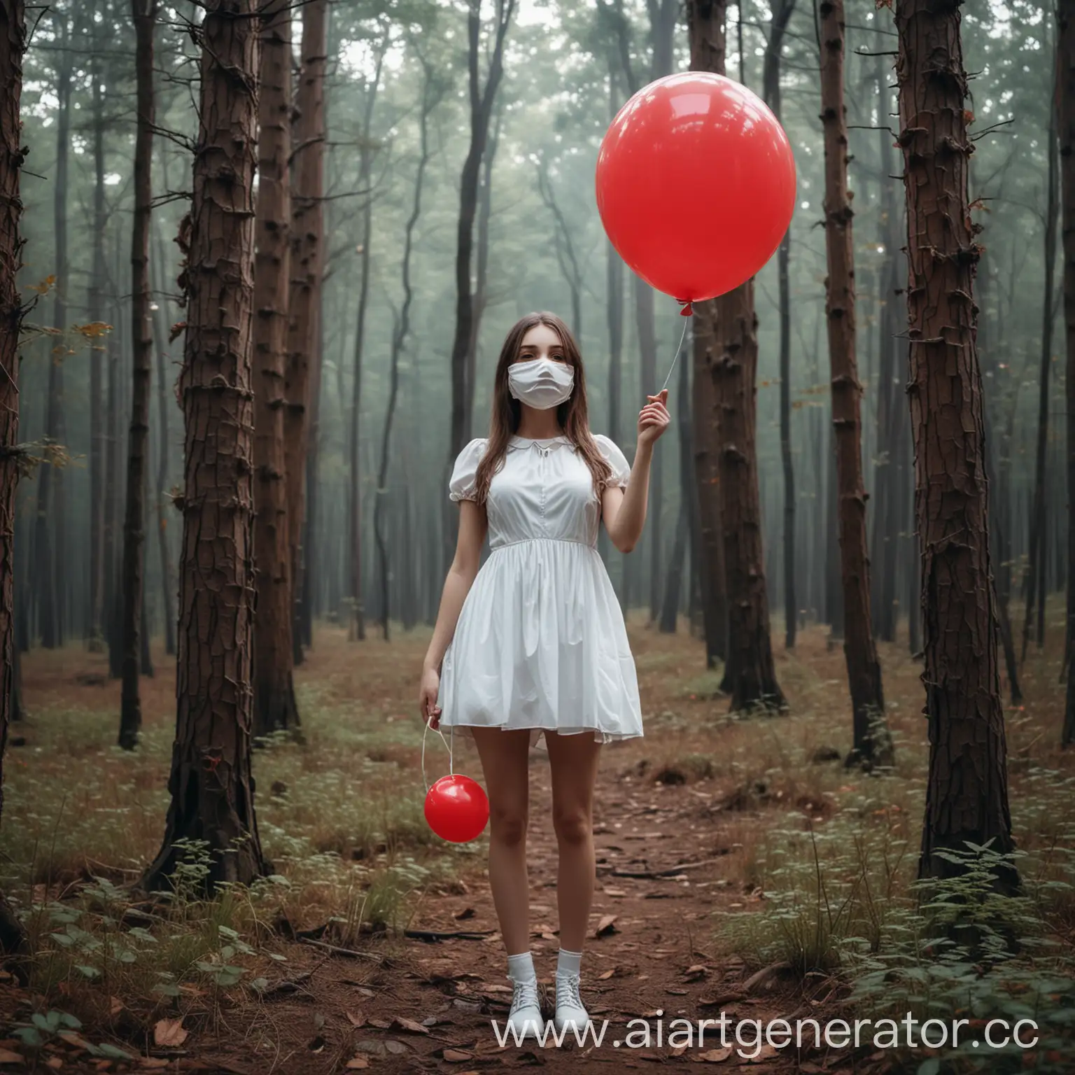 Сгенерируй девушку в белом, легком коротком платье которое стоит посреди леса и держит в руке сдутый, то есть опущенный вниз, красный шарик при этом на её лице белая маска.