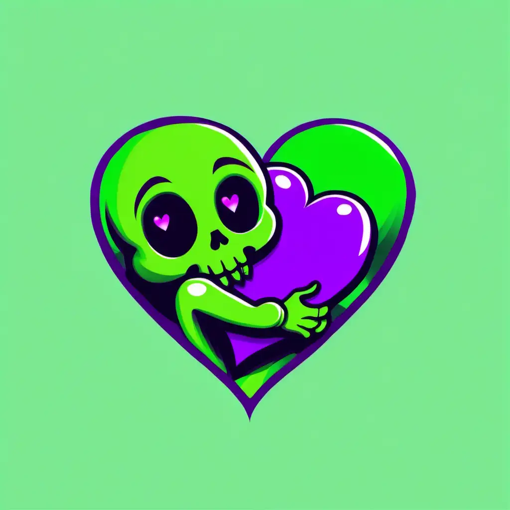 Adorable Bright Green Skull Embracing Purple Heart in Vibrant Emote Style