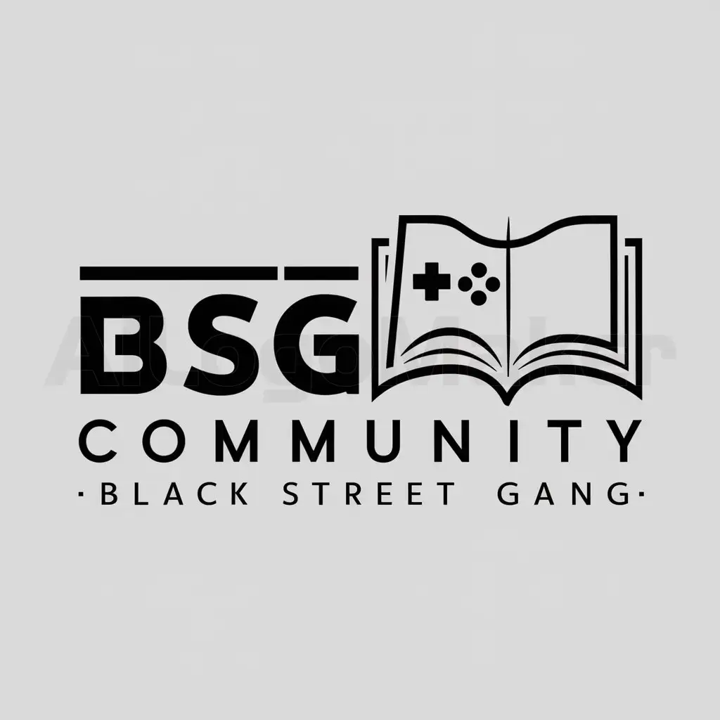 a logo design,with the text "BSG CommunitynBlackStreetGang", main symbol:Gaming and Book,Minimalistic,clear background