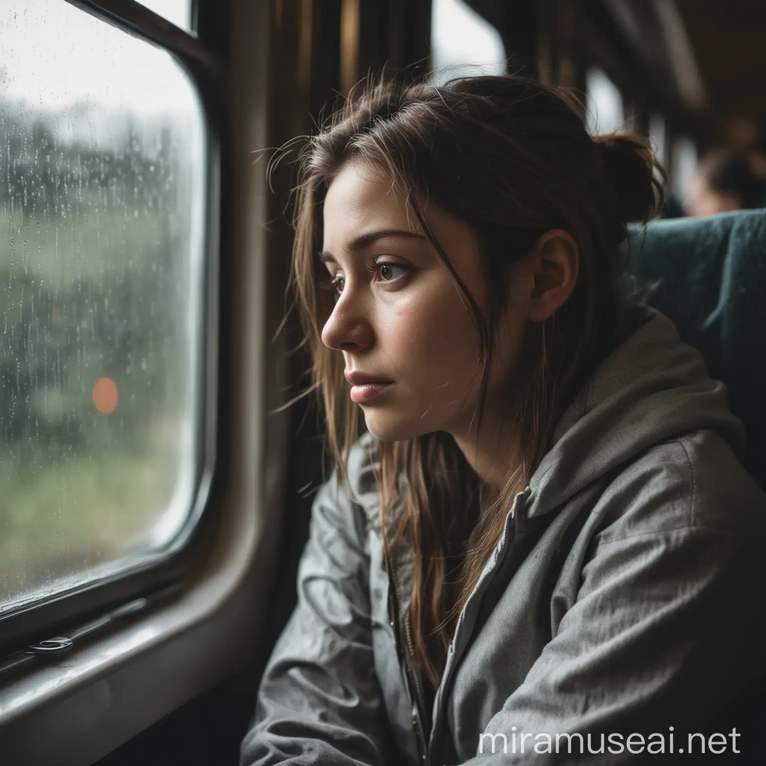  a person traveling on a train, seated by the window.
The person should appear dull and sad, with a gloomy expression and body language. The weather outside the window could be cloudy or rainy to reflect the mood.
