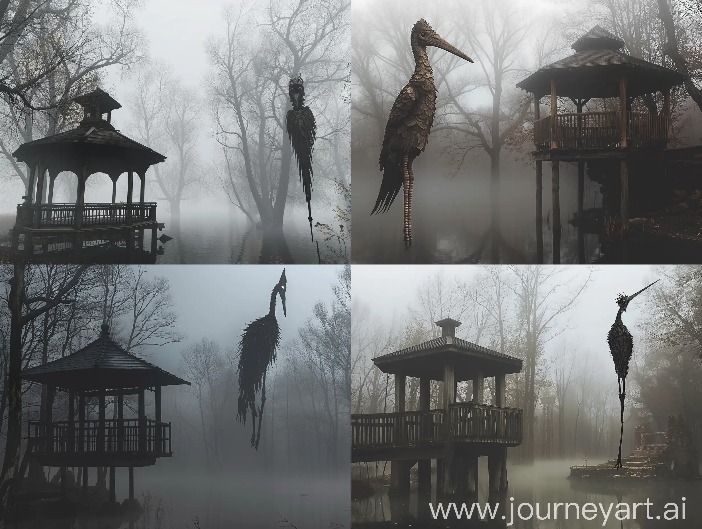 cinematic, realism, Using (((imagination))) to craft a photorealistic representation of an unusual fantasy dream, Cinematic shooting techniques and shooting angles, use wide-angle lens, long-shot, top-shot. photorealistic representation of an unusual fantasy dream, Describing yokai ((( A dark and unsettling scene envelops a fog-enshrouded forest where a tall, slender creature with human-like facial features poised amidst the misty woods. It stands sentinel on elongated, bird-like legs with a body sheathed in feathers. A diminutive wooden structure reminiscent of a gazebo or pavilion hovers over the serene surface of a pond or lake. Trees in the vicinity are bare or sparsely leaved, hinting at autumnal or wintry conditions. The entire atmosphere of the image is shrouded in mystery and a somber chill, accentuated by the fog and the muted palette of colors))), Amazing, shocking, Mysterious, Contrasty, ivory colors, Memphis, The image should capture every detail of the yokai and the ruins with UHD 8K clarity, reminiscent of a cinematic scene, vivid and lifelike.
