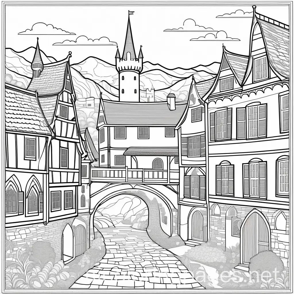 a collage of a medieval scenery, Coloring Page, black and white, line art, white background, Simplicity, Ample White Space. The background of the coloring page is plain white to make it easy for young children to color within the lines. The outlines of all the subjects are easy to distinguish, making it simple for kids to color without too much difficulty