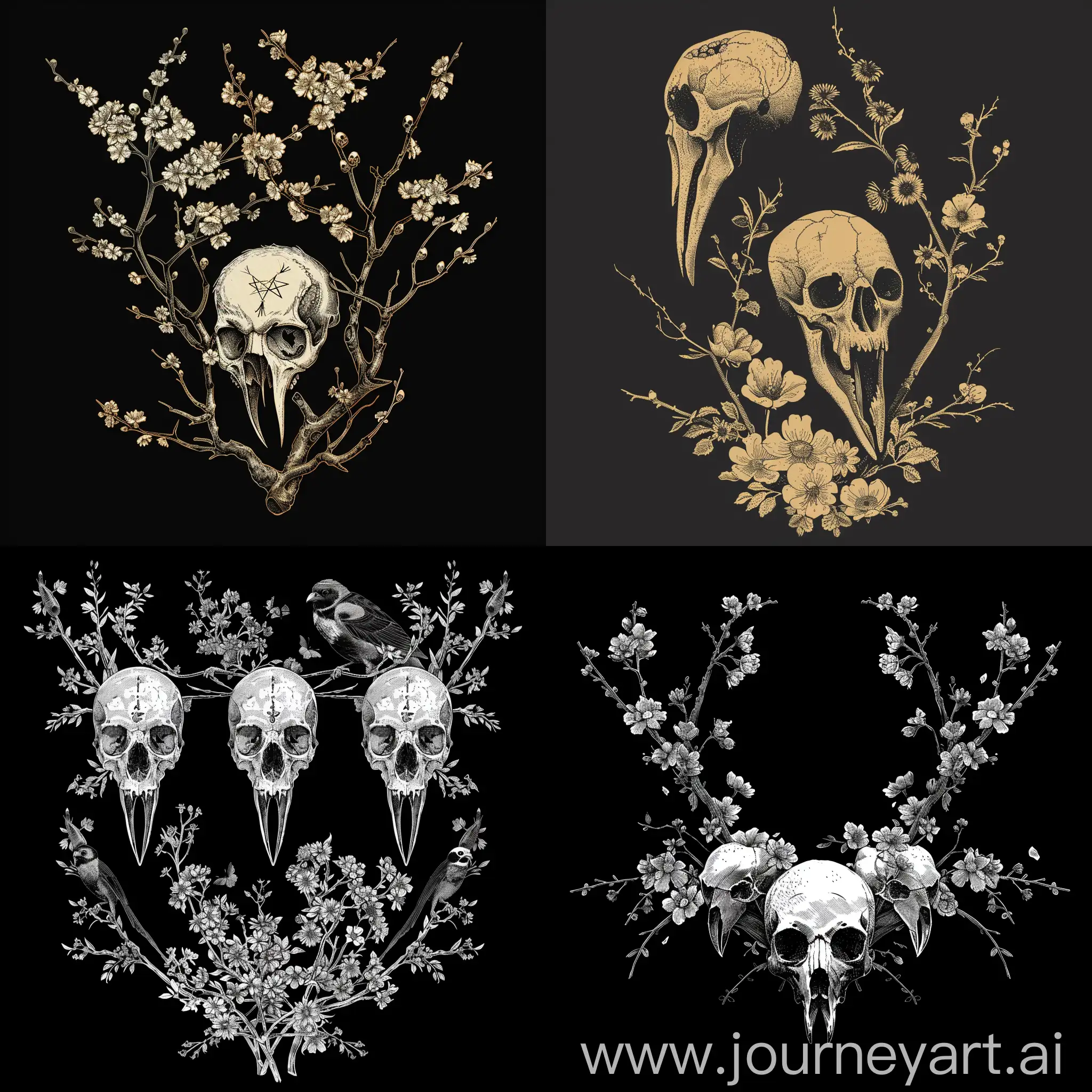 Engraved-Bird-Skulls-and-Flowers-on-Black-Background