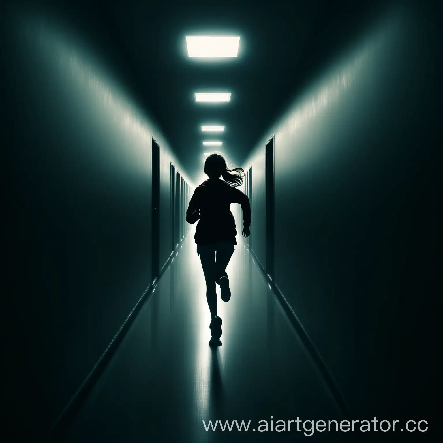 Девушка бежит по темному коридору 
