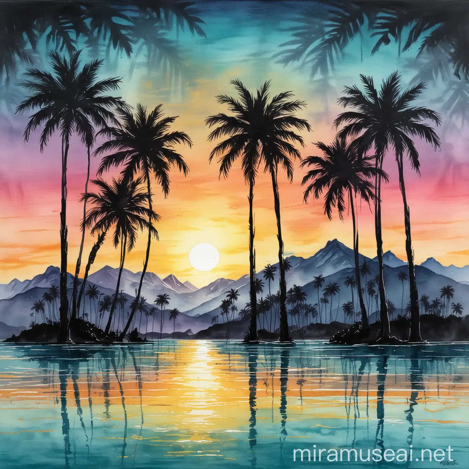 Vibrant Sunset with Palm Trees Silhouettes Blue and Teal Watercolor Landscape