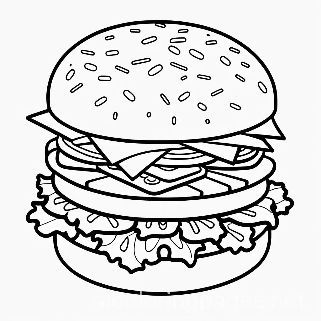 kawai themed Hamburger: A simple hamburger with a bun, patty, lettuce, and tomato., Coloring Page, black and white, line art, white background, Simplicity, Ample White Space. The background of the coloring page is plain white to make it easy for young children to color within the lines. The outlines of all the subjects are easy to distinguish, making it simple for kids to color without too much difficulty, Coloring Page, black and white, line art, white background, Simplicity, Ample White Space. The background of the coloring page is plain white to make it easy for young children to color within the lines. The outlines of all the subjects are easy to distinguish, making it simple for kids to color without too much difficulty