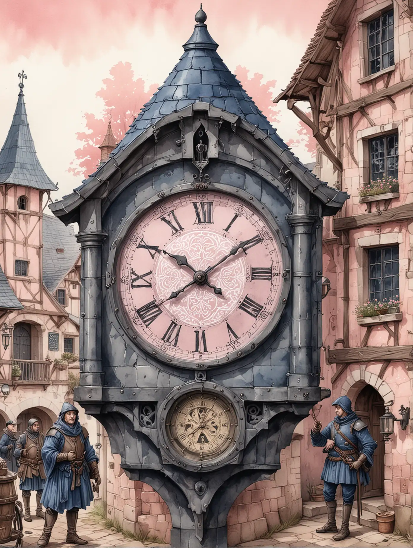 Digital illustration, medieval illustration, medieval steampunk illustration, medieval clock,  medieval villagers, 300dpi, Graphic Art, in a pale pink and navy blue watercolour and ink wash