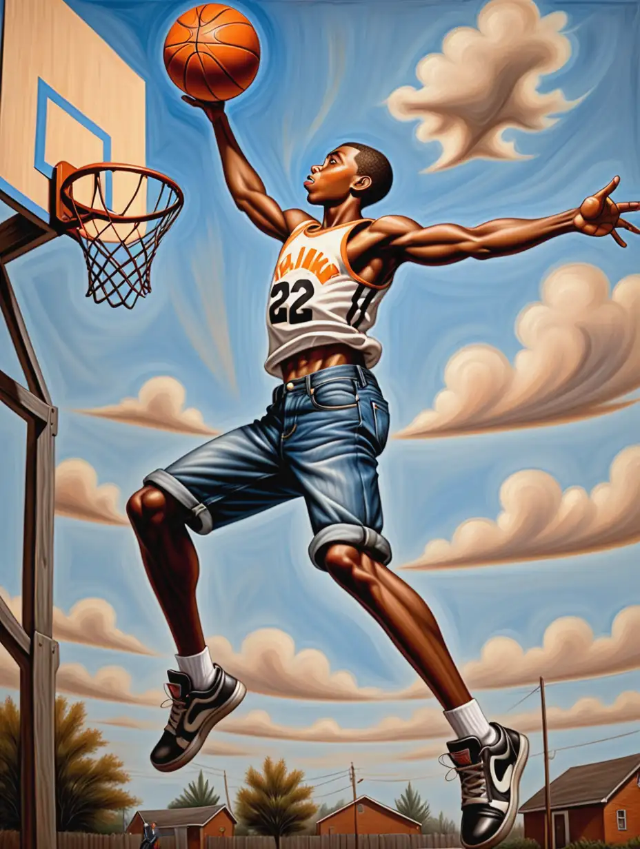Create a oil painting in the style of the artist Ernie Barnes, of a Black teenager in jeans and tank top clothes shooting a jump shot in the air with basketball with a plan  sky with no clouds in  sky
