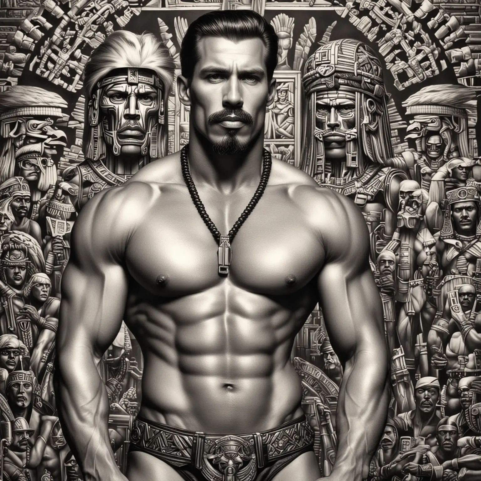 Tom of Finland Aztec Artistic Illustration Masculine Figures in Tribal Setting
