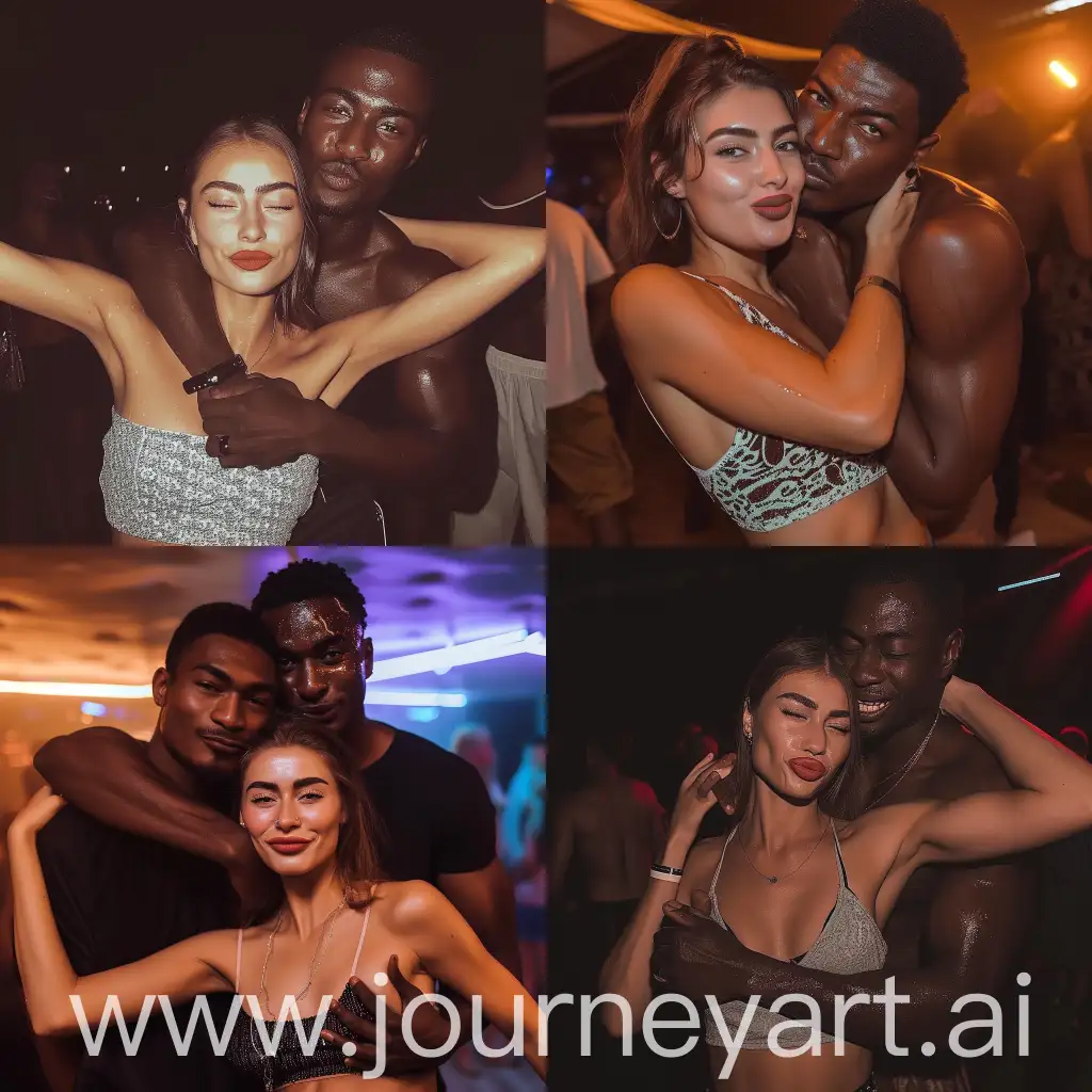 Aesthetic instagram selfie of an azeri woman in a party club crop-top getting hugged possessively by her tall robust african partner, she is doing the duck lips pose, her partner is grabbing her neck and smiling, the woman looks typically azeri and is beautiful, both are looking at the camera, sweaty, flirty