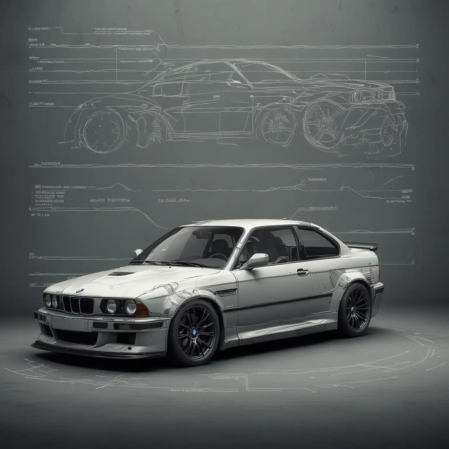 background image with a bmw model, sketched in minimal style and barely recognized, ecu tuning, professional level, high quality equipment for software engineering, space on the left for title and paragraphs.