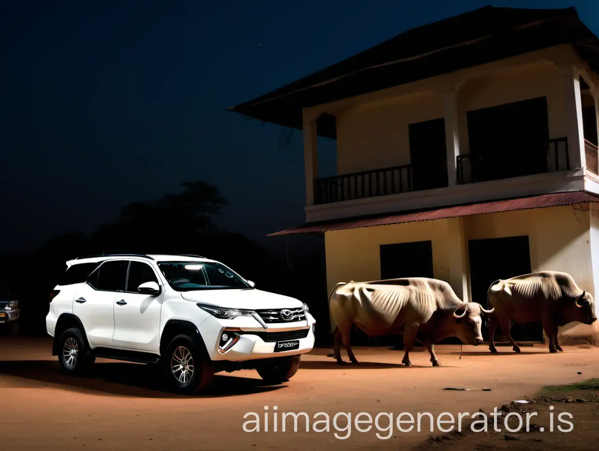 in front of an Indian village house a white Toyota Fortuner is standing, some buffaloes are in front of the building, it's evening time, light is coming from the building, it's night time