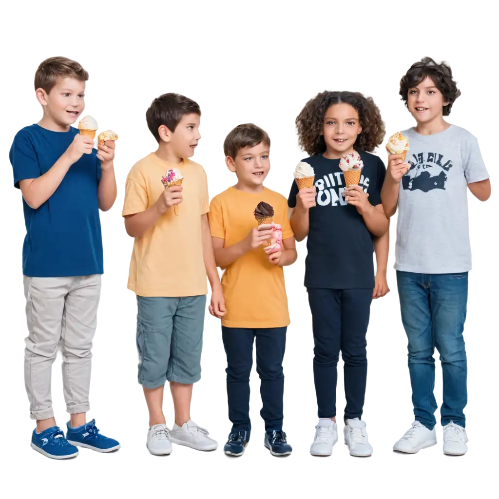 Five-Children-Enjoying-Ice-Cream-in-a-Delicious-Waffle-Cone-Captivating-PNG-Image-for-Online-Delight