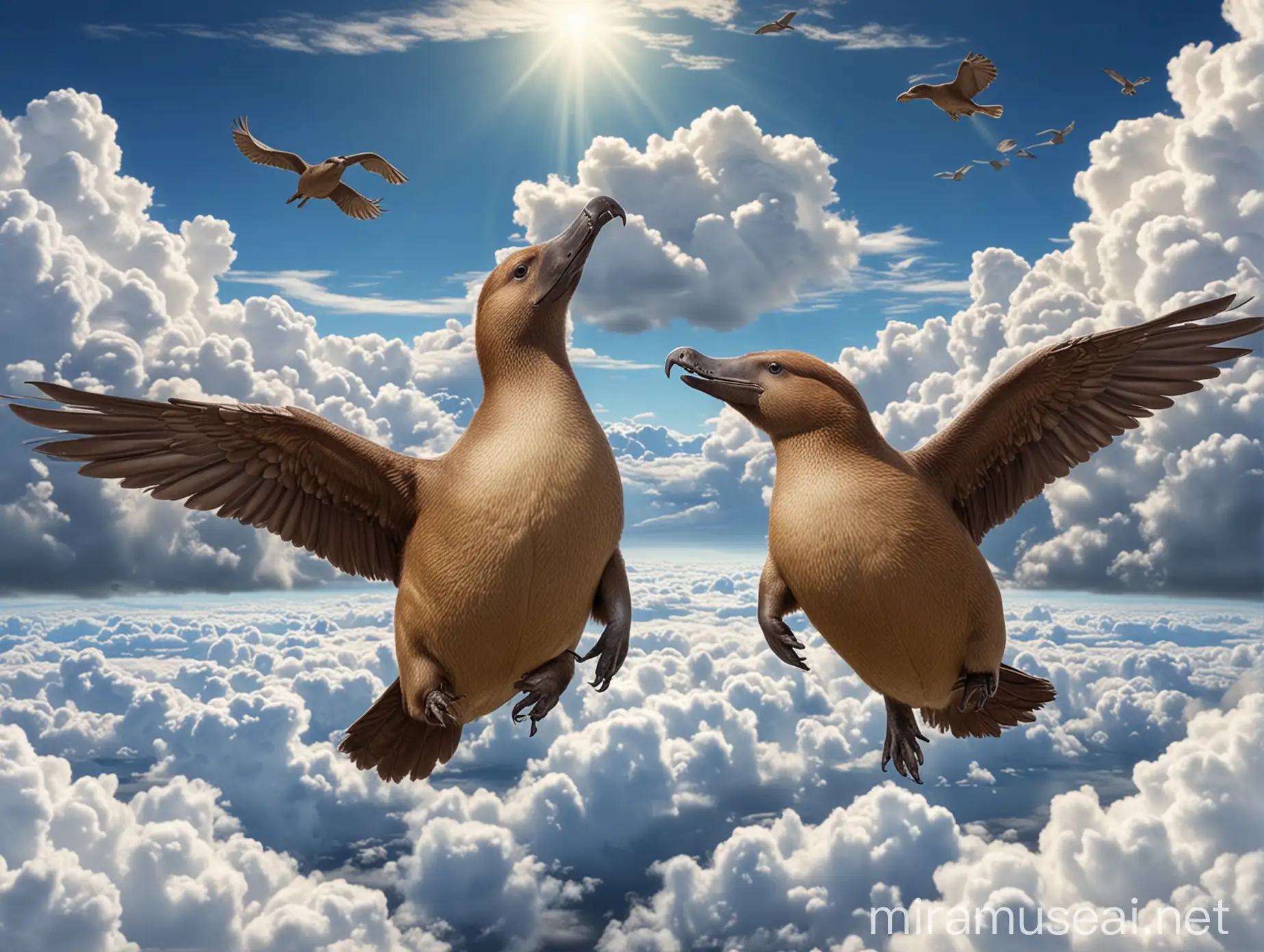 A kiwi (bird) and a platypus (mammal) are in heaven, All very detailed, they are up in the clouds