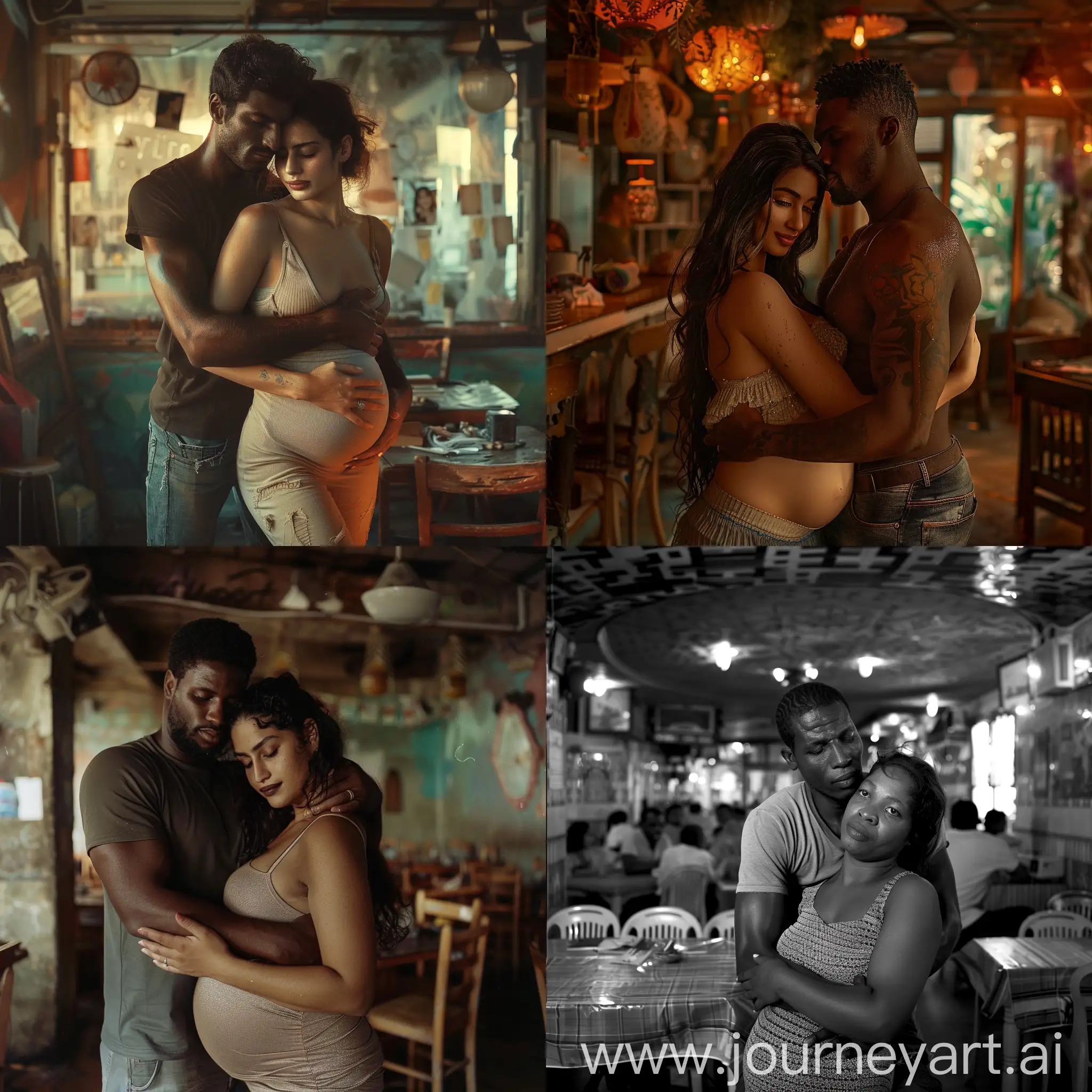 Romantic-Iraqi-Woman-Embraced-by-African-Partner-in-Open-Restaurant-Setting