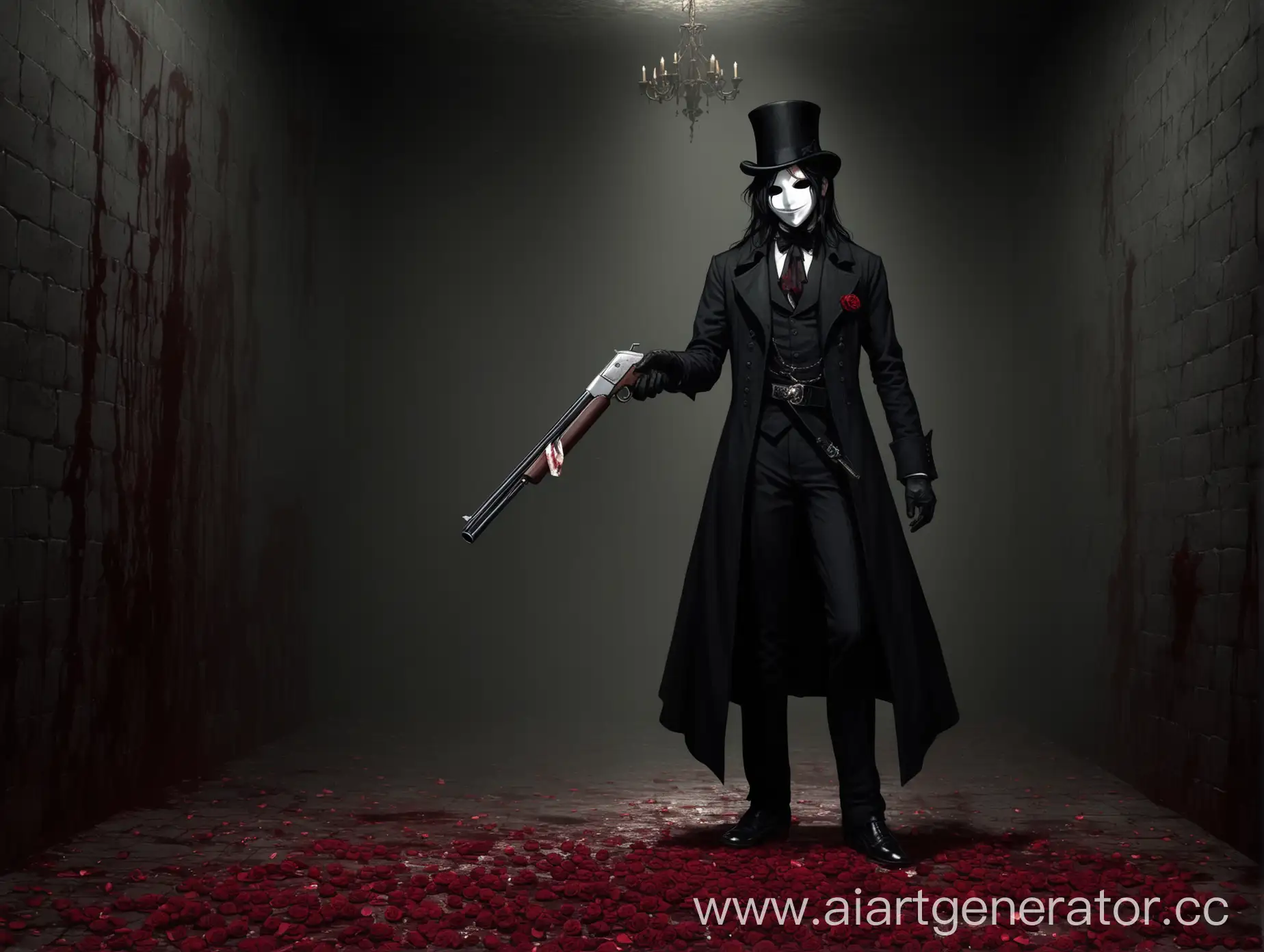 Man, thin, slim, full heigh, black long hair, victorian style, victorian black coat, black top hat, black gloves, black trousers, black belt, black shoes, with shotgun, rose in the hand, little rose on the right side of the chest, little cross on the chest, blood on the chest, white smiling mask with black eye slots, blood on the mask, rose petals underfoot, standing in the dark dungeon, blood on the dark walls