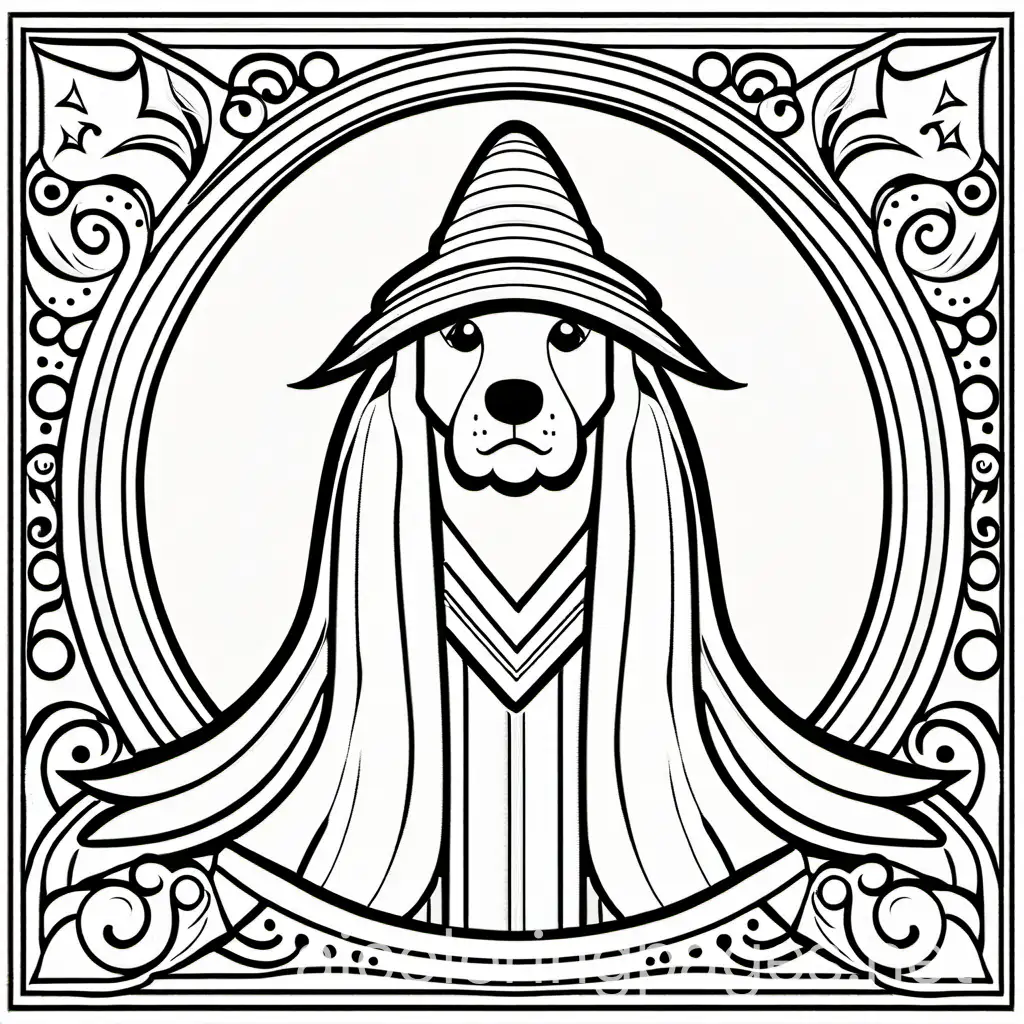 wizard dog, Coloring Page, black and white, line art, white background, Simplicity, Ample White Space. The background of the coloring page is plain white to make it easy for young children to color within the lines. The outlines of all the subjects are easy to distinguish, making it simple for kids to color without too much difficulty