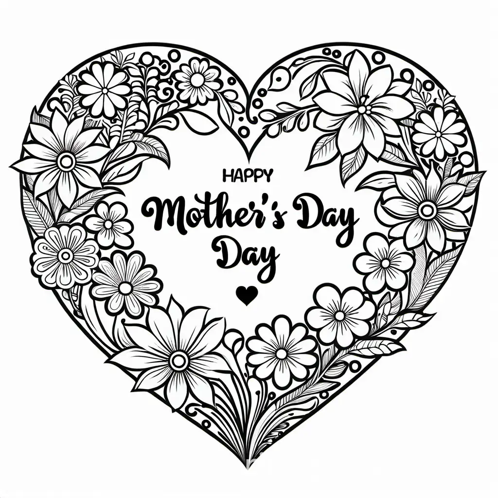 Mothers day hearts made out of flowers , Coloring Page, black and white, line art, white background, Simplicity, Ample White Space. The background of the coloring page is plain white to make it easy for young children to color within the lines. The outlines of all the subjects are easy to distinguish, making it simple for kids to color without too much difficulty