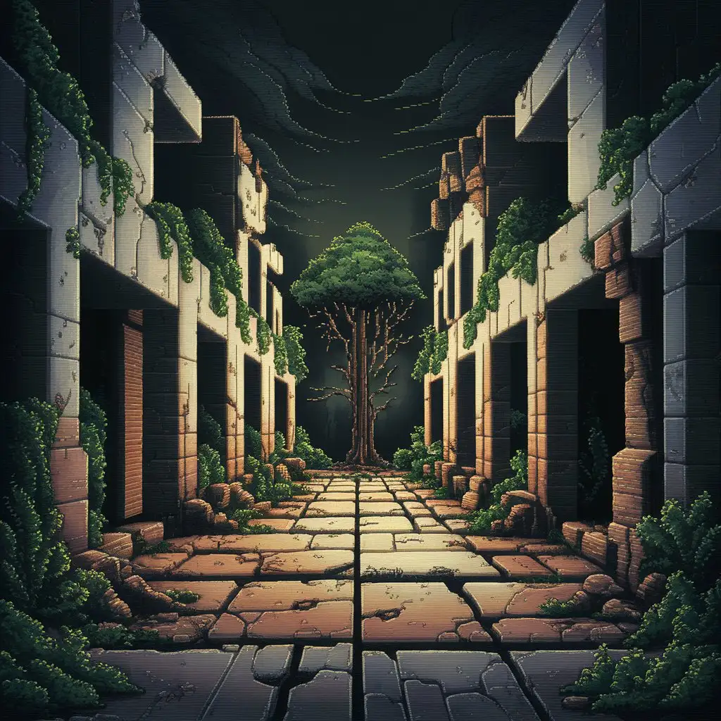 an underground ruined village in pixel art style
