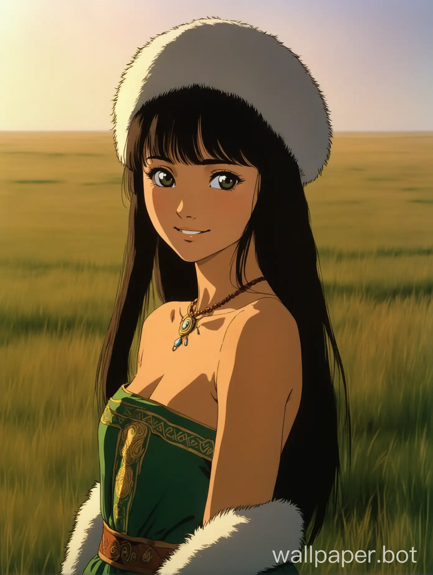 portrait of a gorgeous 18 year old Kazakh woman topless, Turkic, central Asian complexion, steppe, she is very pretty, dark eyes, smiling, sharp face, dignified facial expression, long fluffy black hair, fluffy bangs, topless, wearing a long dark green skirt, wearing a fur-lined cap, medieval, mongolic, supermodel, 1980s retro anime, golden hour