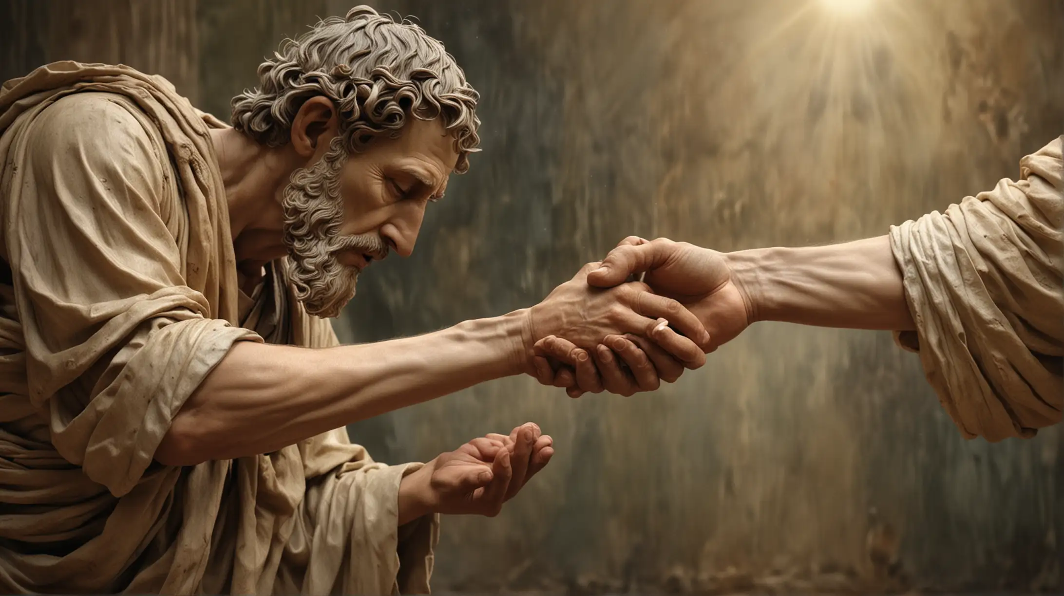 Create visuals of a stoic philosopher offering a helping hand to those in need, embodying the stoic virtue of compassion and altruism.
Description: In this touching scene, a stoic philosopher is depicted extending a hand of assistance to a person in distress, offering comfort and support in their time of need. His expression is compassionate and empathetic, reflecting his genuine concern for the well-being of others. This image exemplifies the stoic ideal of practicing kindness and generosity towards fellow human beings, regardless of their circumstances.