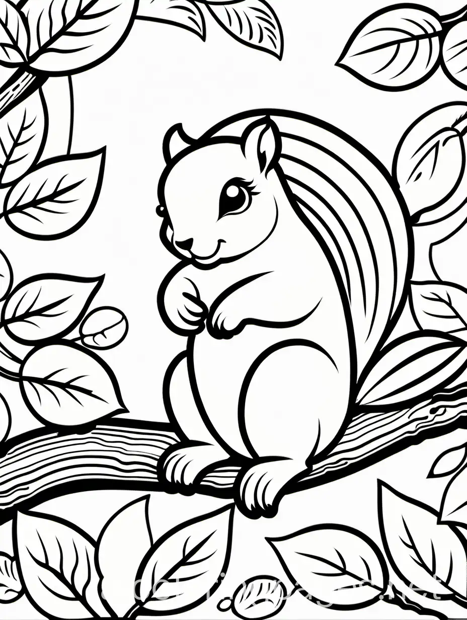 super cute squirrel on a tree branch, Coloring Page, black and white, line art, white background, Simplicity, Ample White Space. The background of the coloring page is plain white to make it easy for young children to color within the lines. The outlines of all the subjects are easy to distinguish, making it simple for kids to color without too much difficulty, Coloring Page, black and white, line art, white background, Simplicity, Ample White Space. The background of the coloring page is plain white to make it easy for young children to color within the lines. The outlines of all the subjects are easy to distinguish, making it simple for kids to color without too much difficulty