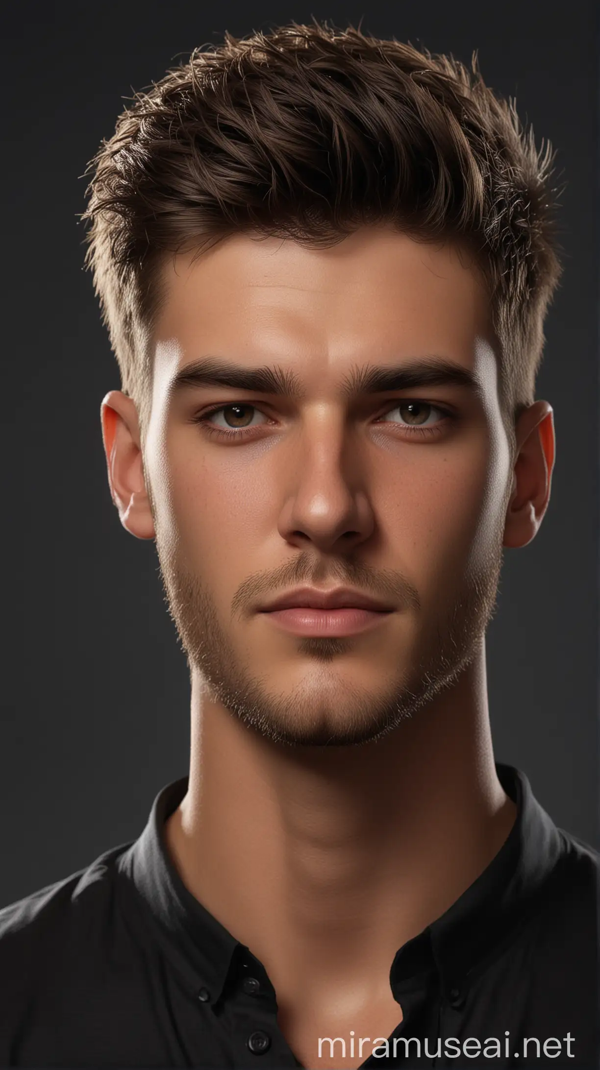 Young Man in Black Shirt with Taper Haircut in Photorealistic Portrait