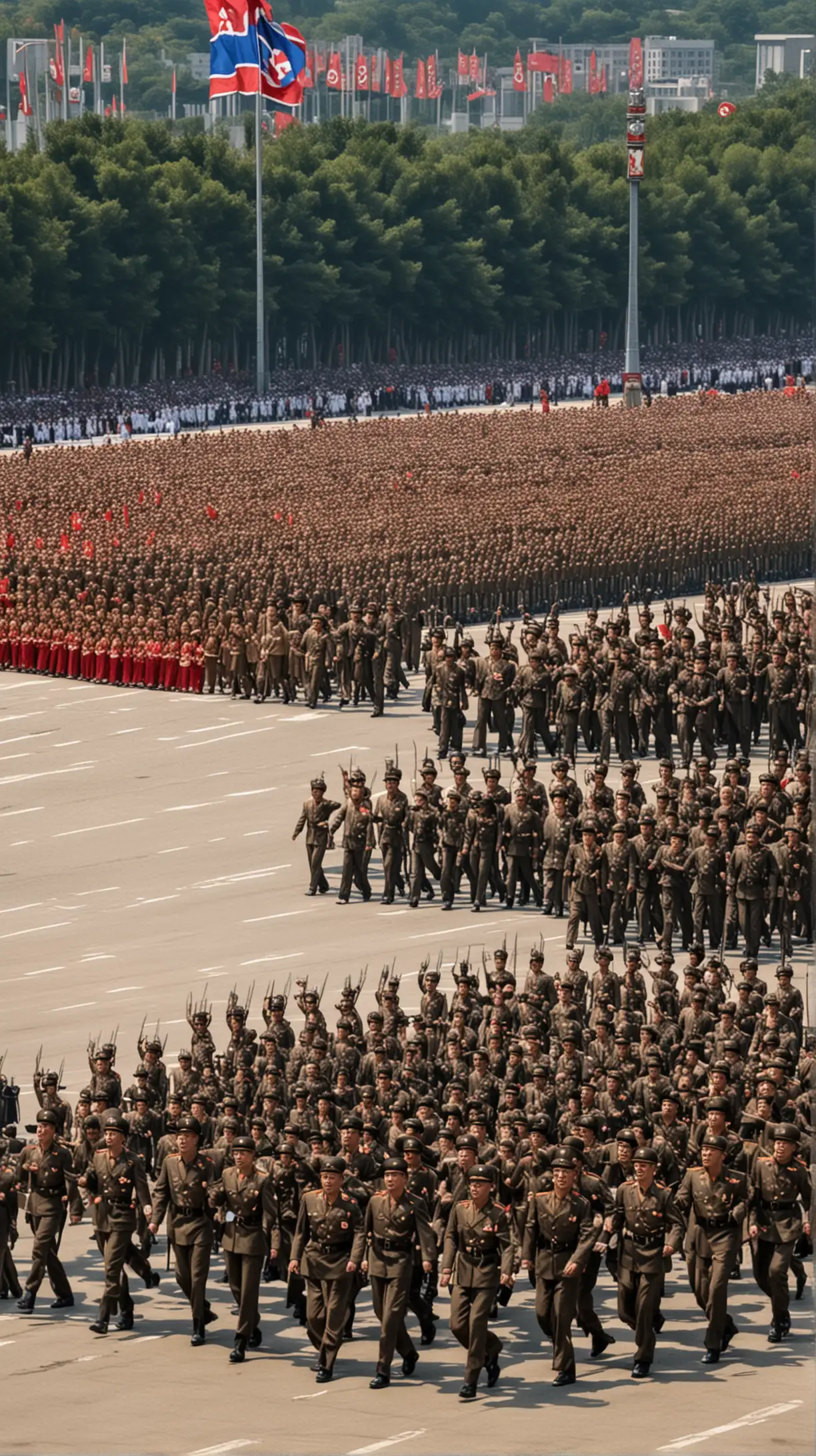North Korean Military Parades: Show an elaborate military parade in Pyongyang, with soldiers marching, military hardware on display, and citizens cheering, reflecting the militaristic and nationalistic spirit of the country.