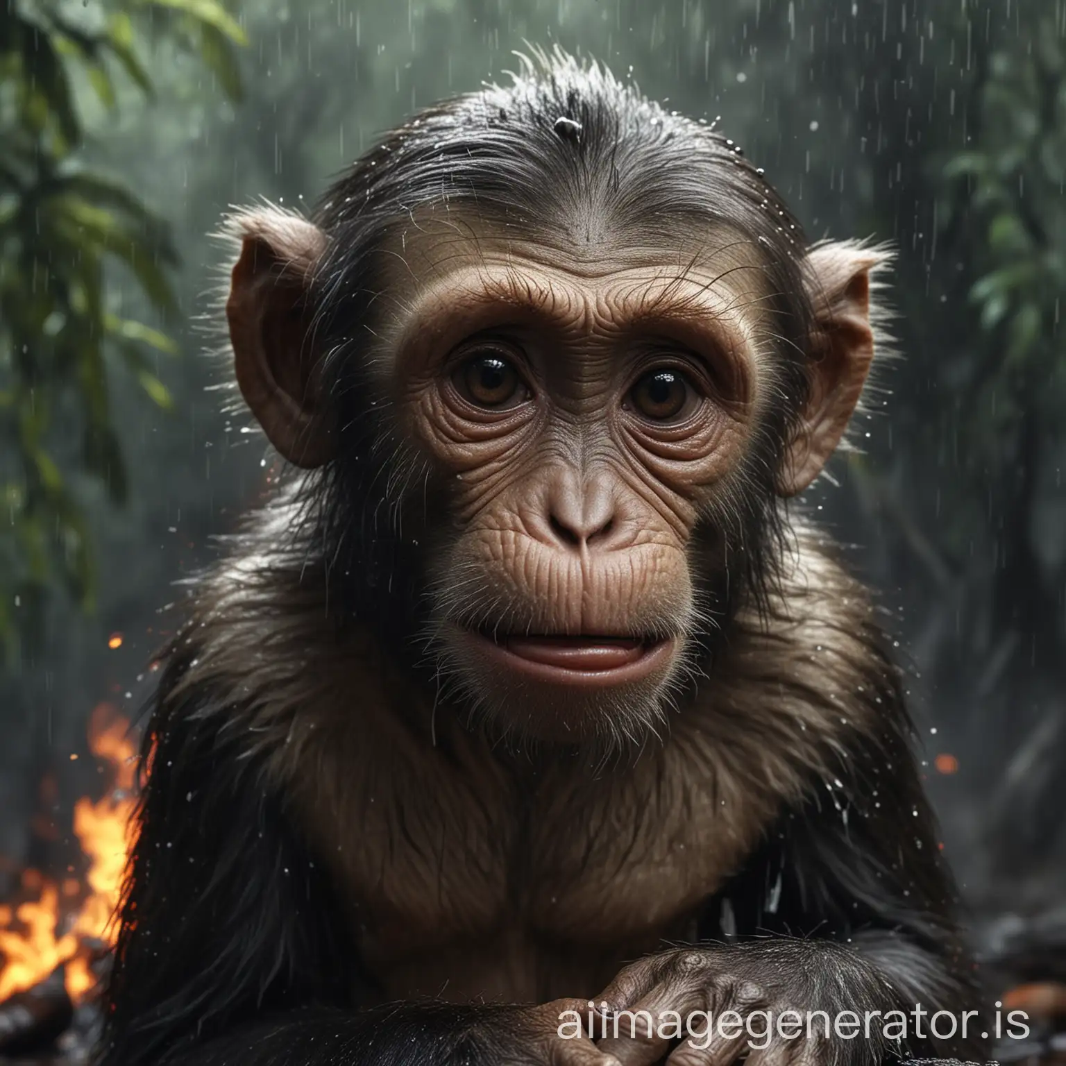 professional shoot of a sad crying monkey, tears, destruction, burning rainforest, fear, heavy rain, 3D, high resolution, perfect quality, real photography