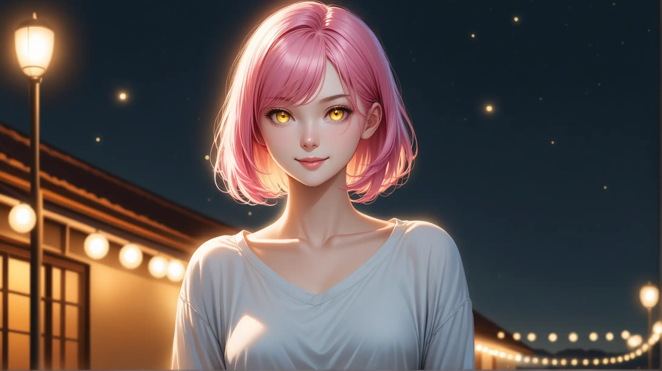 Draw a woman, short pink hair, yellow ringed eyes, slender figure, high quality, realistic, accurate, detailed, long shot, outdoors, night lighting, relaxed outfit, seductive pose, smiling toward viewer