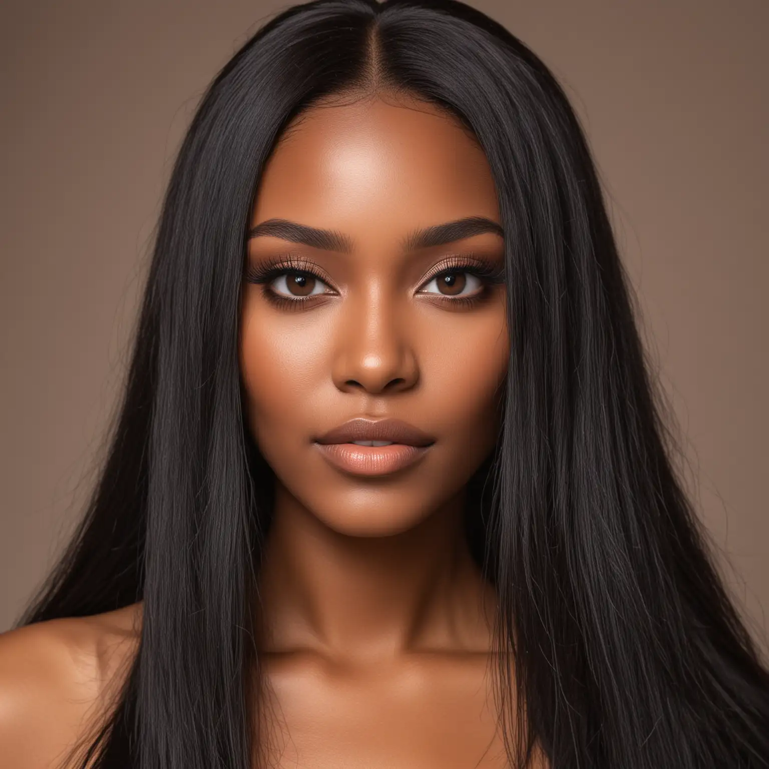 Beautiful African American Woman, Long straight black hair, middle part, netural look, natural glam makeup look with voluminous lashes, professional photoshoot, headshot



