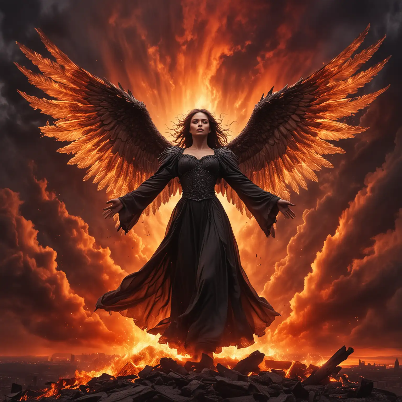 Dark Angel Spreading Wings Against Fiery Sky