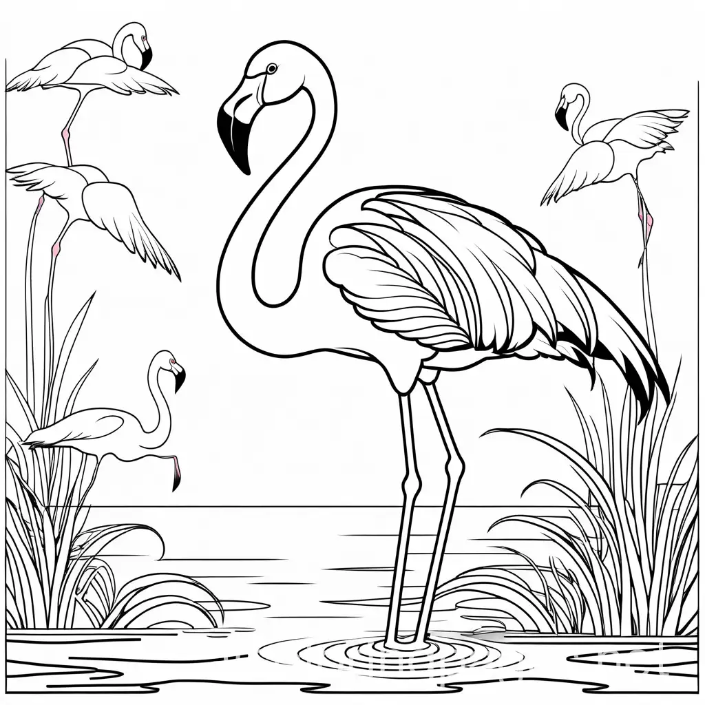 happy cartoon flamingo in the water with more flamingo's, Coloring Page, black and white, line art, white background, Simplicity, Ample White Space. The background of the coloring page is plain white to make it easy for young children to color within the lines. The outlines of all the subjects are easy to distinguish, making it simple for kids to color without too much difficulty