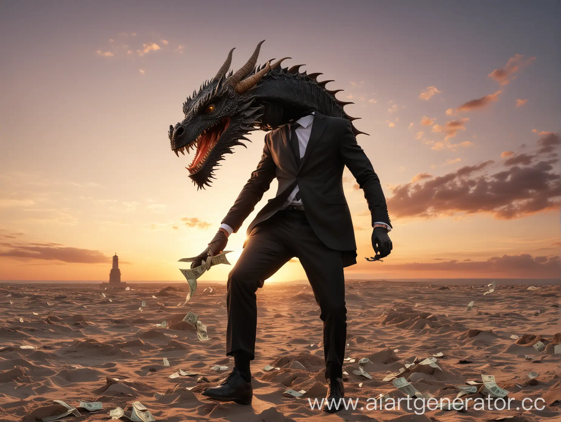 DragonHeaded-Businessman-Walking-into-the-Sunset-with-Wealth