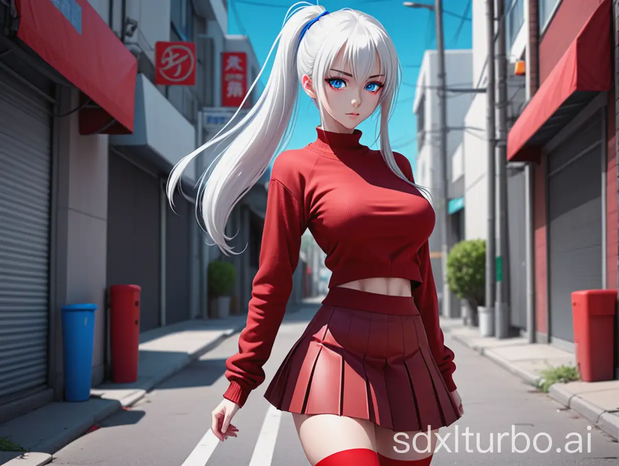 anime girl. white hair with long ponytail and bangs. blue eyes. beautiful slender figure. 2 breast size. clothing consists of tight red thigh-highs, a white t-shirt tucked into a tight red skirt, and a tight red cropped sweater. medium-sized skirt. background street. hair clip in hair. standing upright