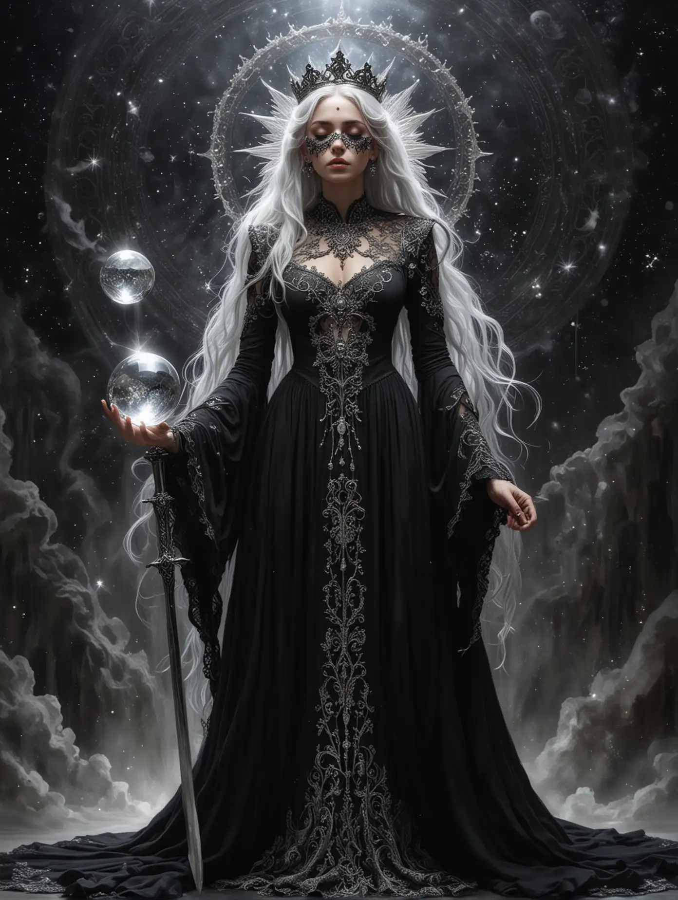 Silver-Oracle-with-Crystal-Ball-and-Sword-in-Black-Cosmos
