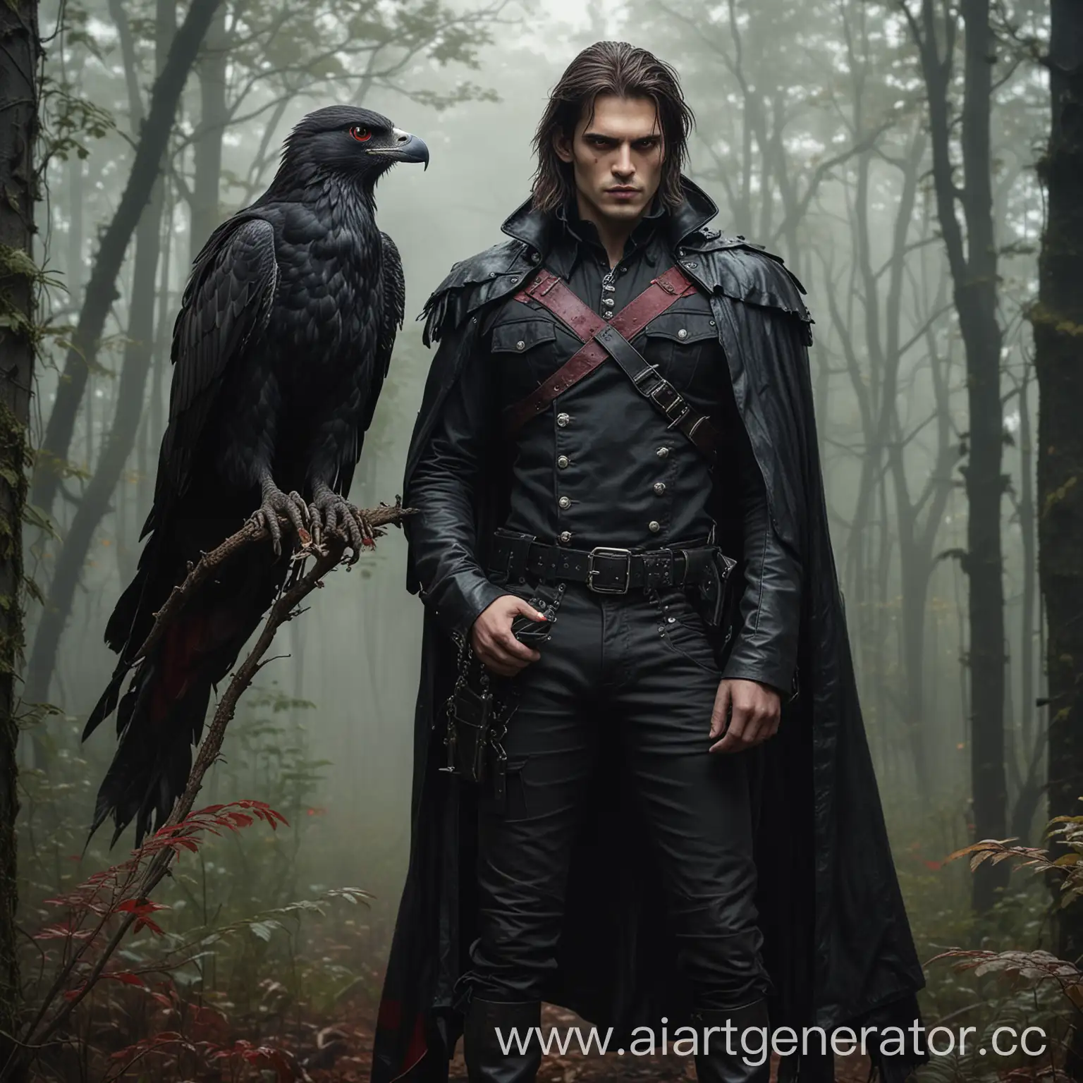 Mysterious-Vampire-Man-with-Falcon-in-Enchanted-Forest
