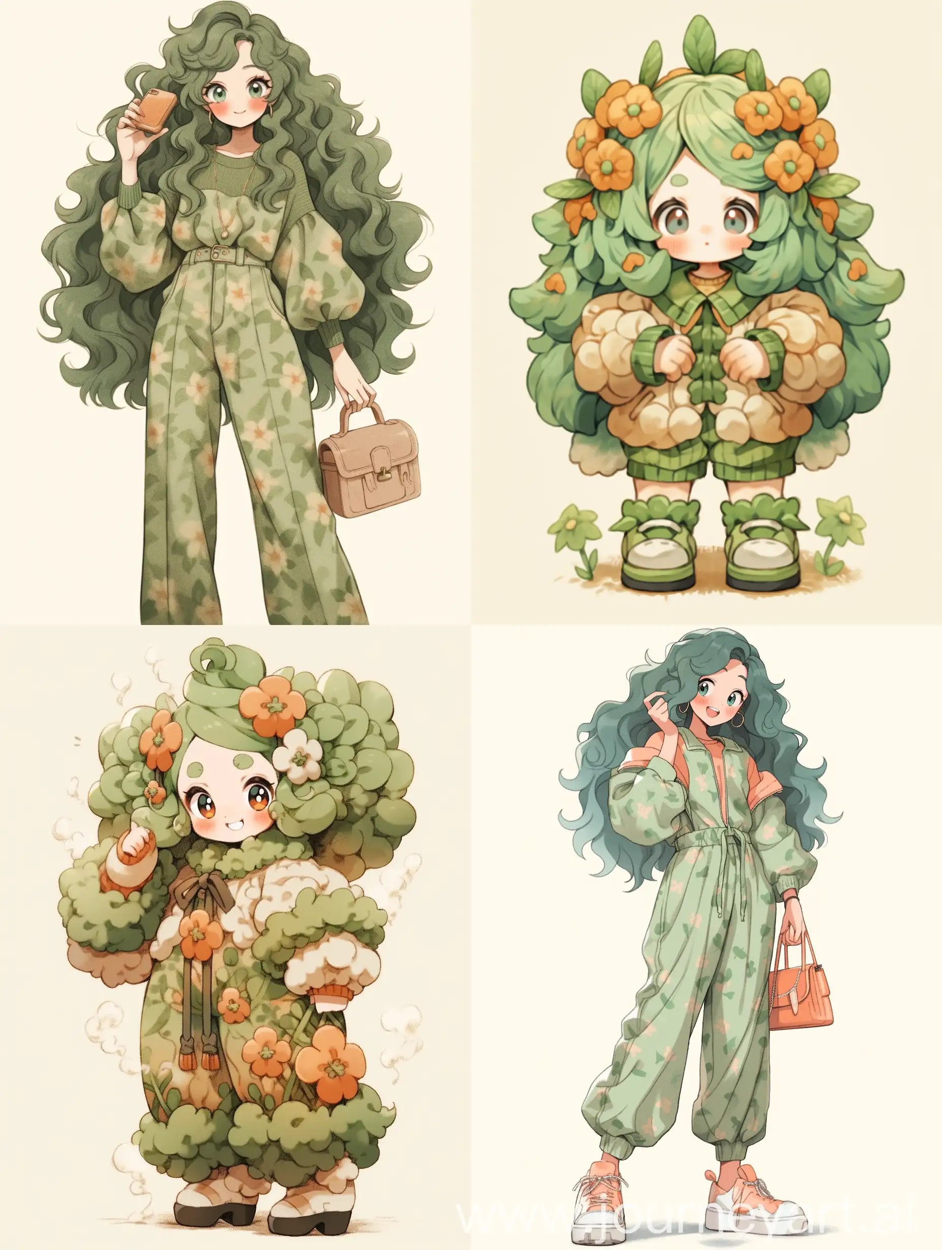 Full body Cute girl in graphic illustration style, quaint green hair, wearing green clothes, earrings, smiling, fair skin, Off-white background, --ar 3:4 --niji 5 --s 1000