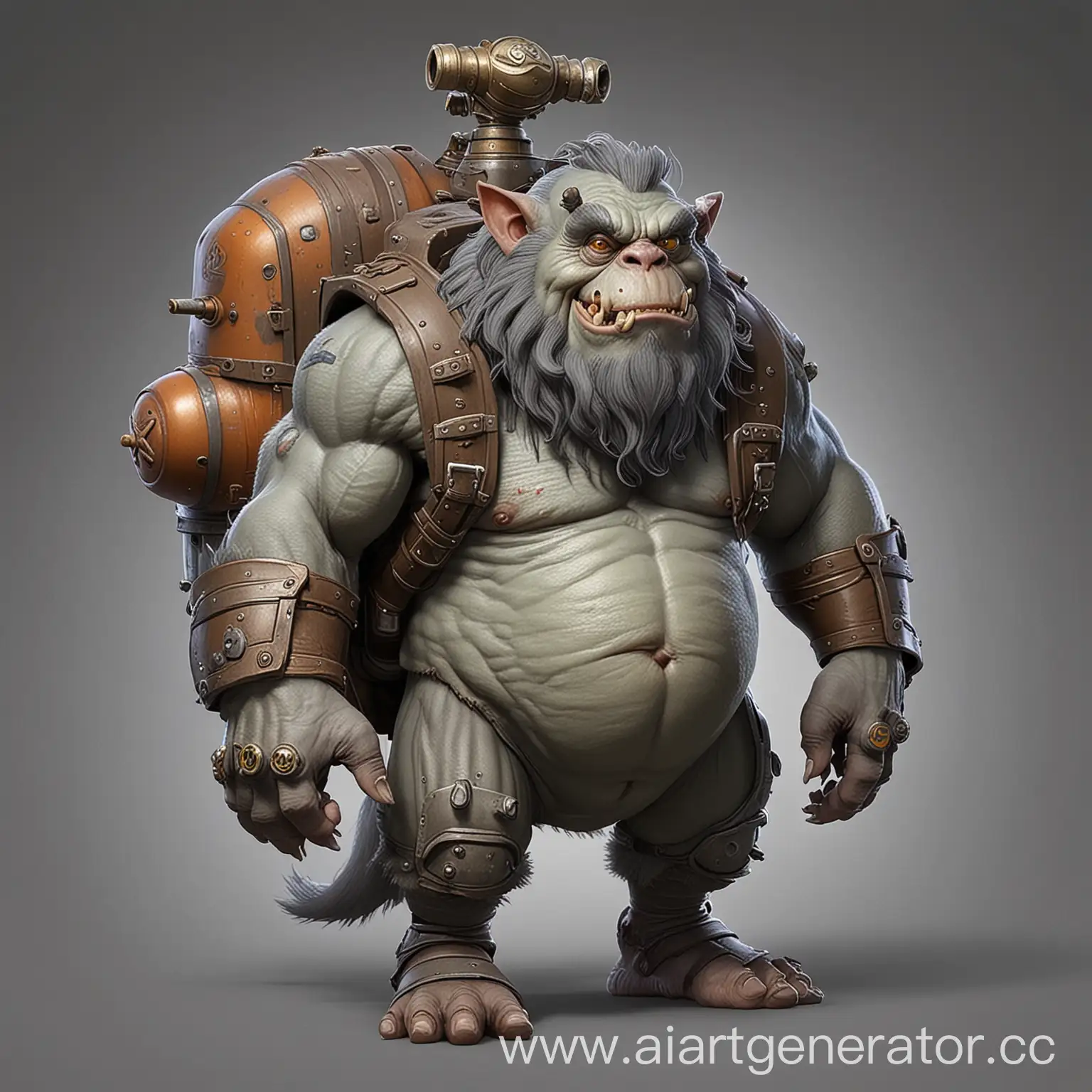 world of warcraft's Grobbulus but gray and with a gas can on his back
