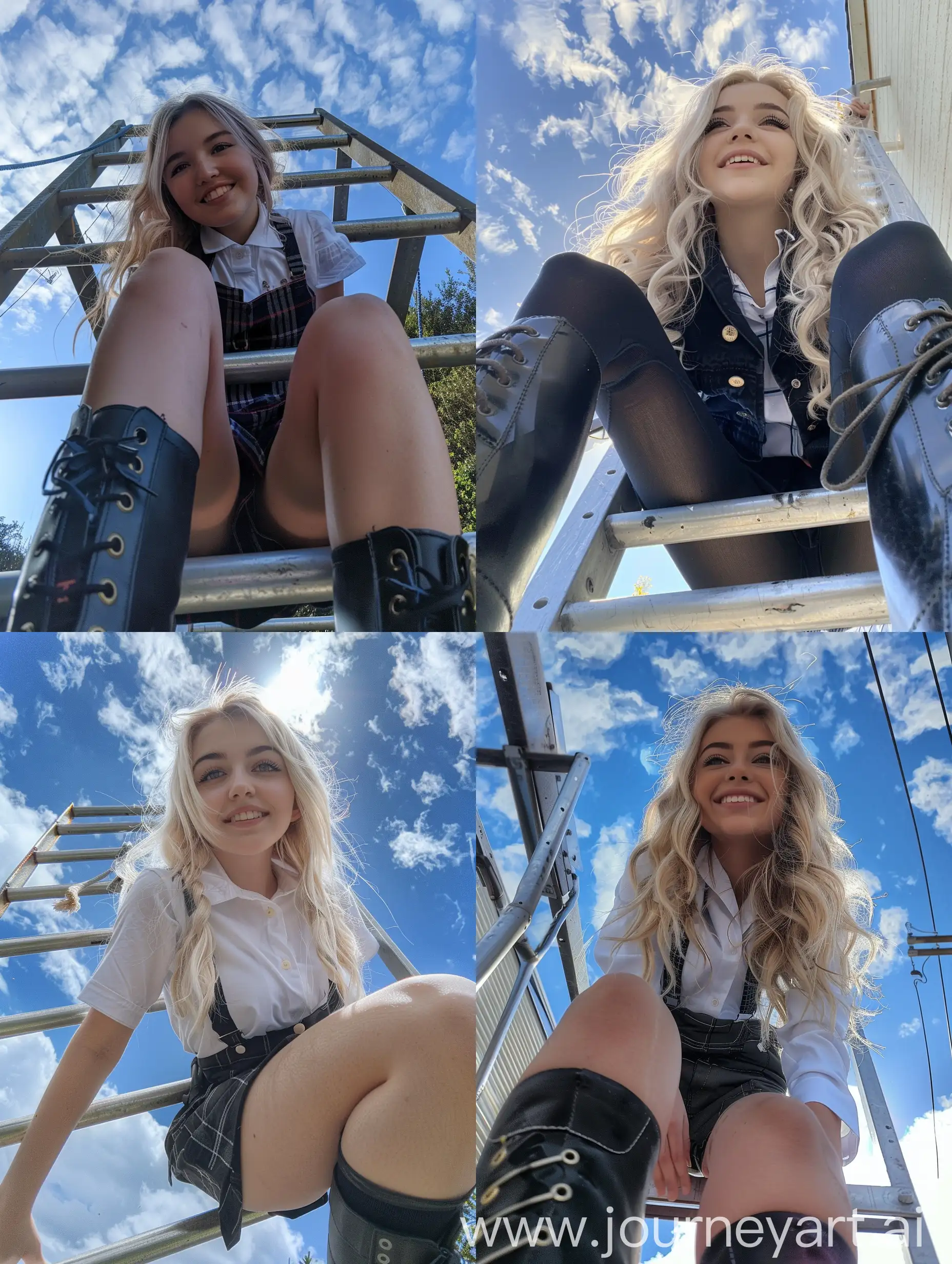 Young-Woman-in-School-Uniform-Climbing-Ladder-for-Sky-Selfie