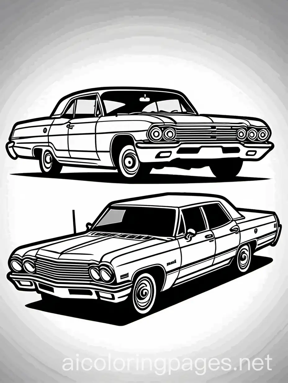 old impala car coloring page, black and white, line art, white background, Simplicity, Ample White Space. The background of the coloring page is plain white to make it easy for young children to color within the lines. The outlines of all the subjects are easy to distinguish, making it simple for kids to color without too much difficulty, Coloring Page, black and white, line art, white background, Simplicity, Ample White Space. The background of the coloring page is plain white to make it easy for young children to color within the lines. The outlines of all the subjects are easy to distinguish, making it simple for kids to color without too much difficulty