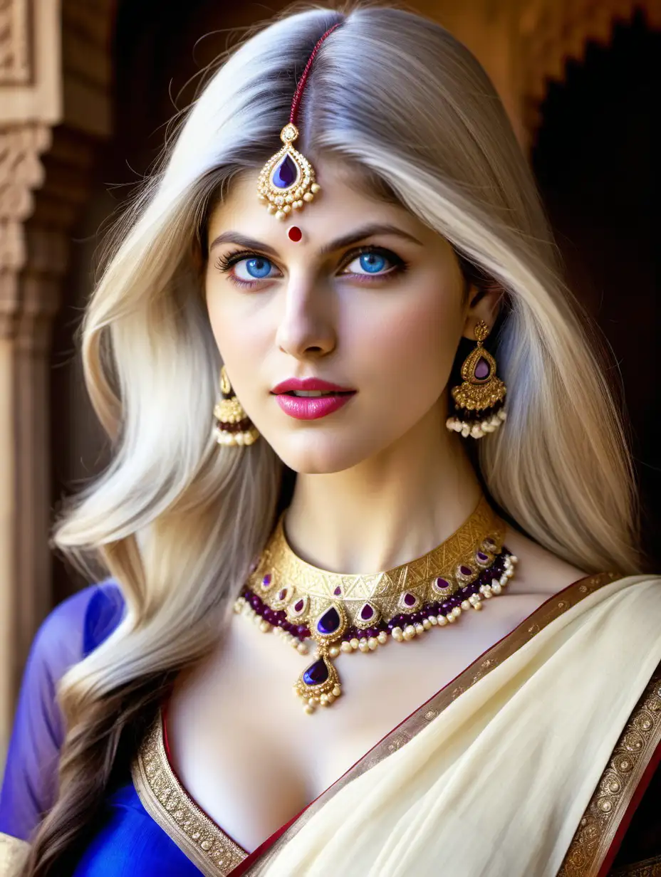 Индийская принцесса Alexandra Daddario, красивая и сексуальная, голубые глаза, белые длинные волосы, красивая фигура, красивая и большая грудь, вишнёвая помада, чёрная туш, вишнёвое сари, золотые украшения с аметистами, индийский дворец, интим, эротика, средневековье, симметрия, рисунок, комикс, портрет